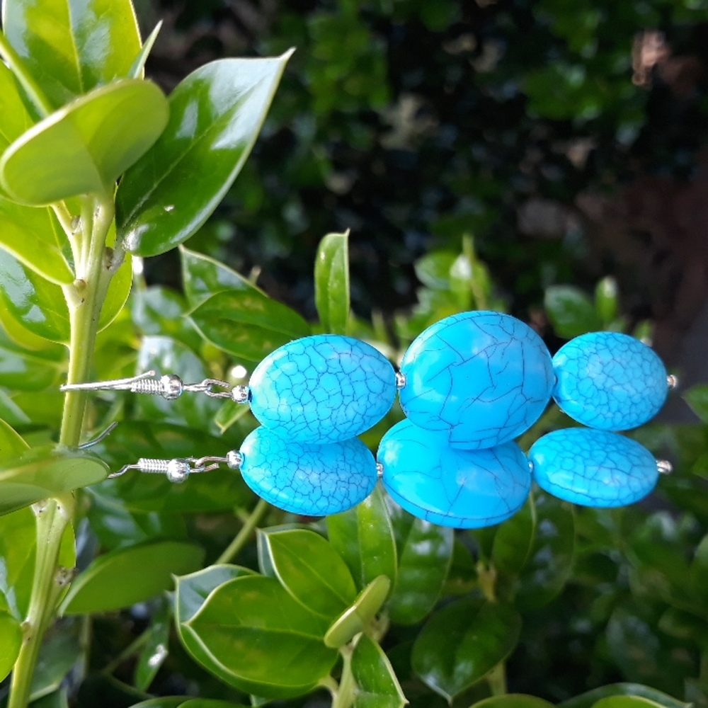 Crackled Turquoise Blue/ Bead Drop Earrings/ Handcrafted by J.Monique